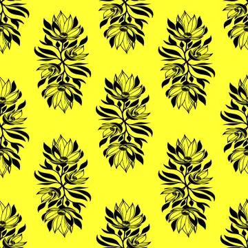 Simple seamless pattern of black flowers on a yellow background, texture, d.. Illustrazione stock