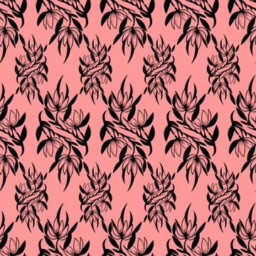Simple seamless pattern of black flowers on a pink background, texture, desig Stock Photos
