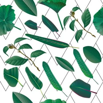 Simple seamless pattern with black geometric stripes and green tropical palm Stock Illustration
