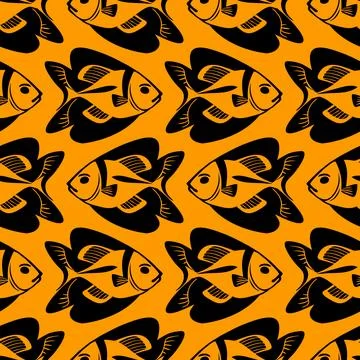 Simple seamless pattern of black graphic fish on an orange background, text.. Stock Illustration
