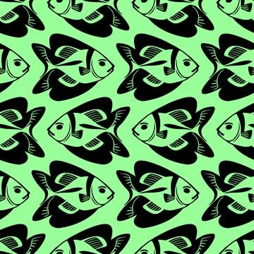 Simple seamless pattern of black graphic fish on a green background, textur.. Stock Illustration