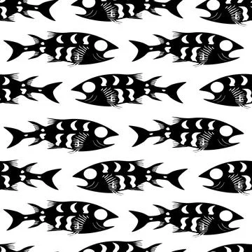 Simple seamless pattern of black graphic fish on a white background, textur.. Stock Illustration