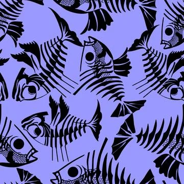 Simple seamless pattern of black graphic fish skeletons on a blue backgroun.. Illustrazione stock