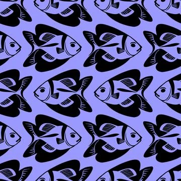 Simple seamless pattern of black graphic fish on a blue background, texture.. イラスト素材