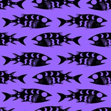 Simple seamless pattern of black graphic fish on a blue background, texture.. Stock Photos