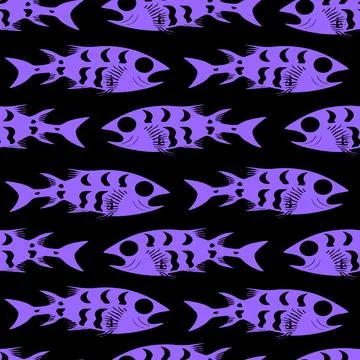 Simple seamless pattern of blue graphic fish on a black background, texture.. Stockillustratie
