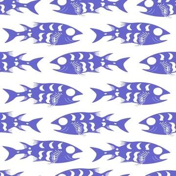 Simple seamless pattern of blue graphic fish on a white background, texture.. Stock Illustration