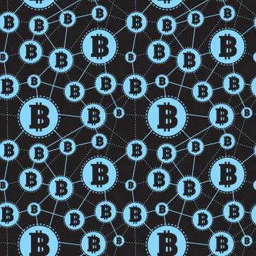 Simple Seamless Pattern Blue Symbols Of Bitcoins On Black Background Stock Illustration