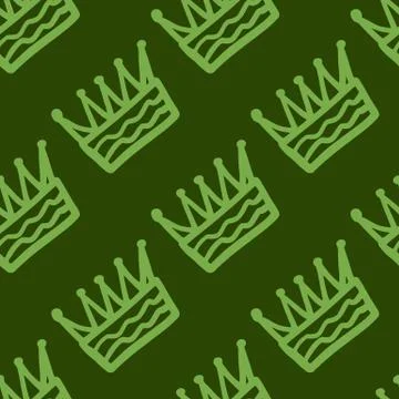 Simple seamless pattern with crown hand drawn elements. Green tones stylized  イラスト素材