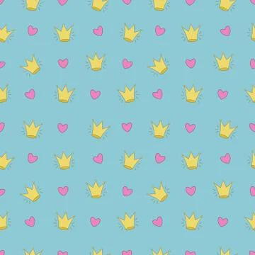 Simple seamless pattern with crowns and heart for invitation card, wrapper an Stock Illustration