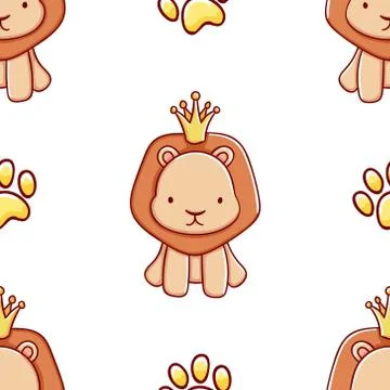 Simple seamless pattern, cute kawaii hand drawn lion doodles Stock Illustration