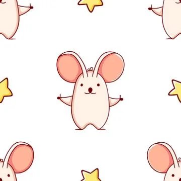 Simple seamless pattern, cute kawaii hand drawn mouse doodles Stock Illustration