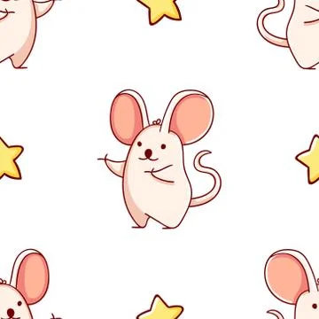 Simple seamless pattern, cute kawaii hand drawn mouse doodles Stock Illustration