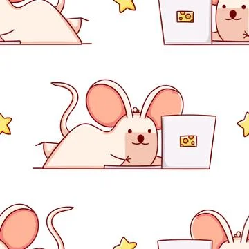 Simple seamless pattern, cute kawaii hand drawn mouse doodles Stock Illustration