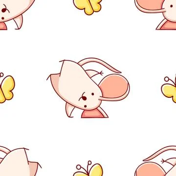Simple seamless pattern, cute kawaii hand drawn mouse doodles Stock Illustration