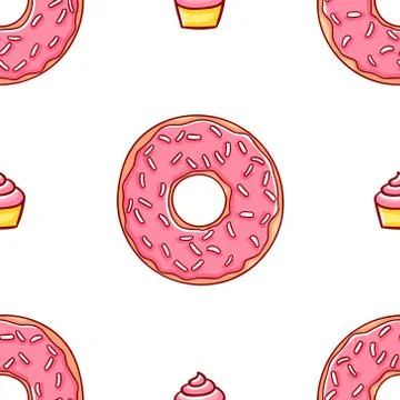 Simple seamless pattern, cute kawaii hand drawn donuts doodles Stock Illustration
