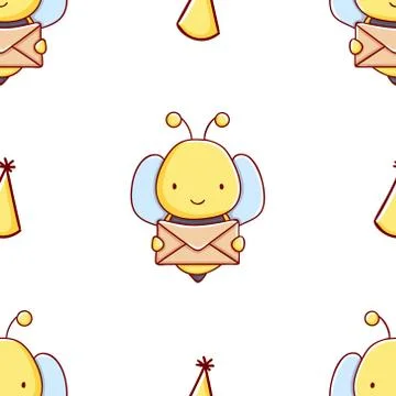Simple seamless pattern, cute kawaii hand drawn bee doodles Stock Illustration