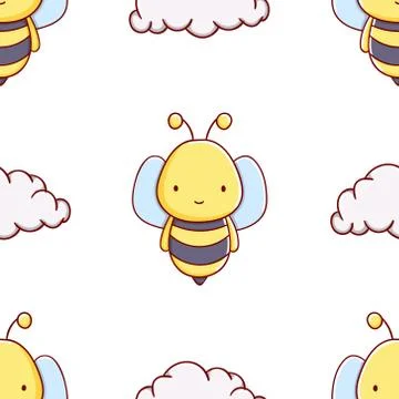 Simple seamless pattern, cute kawaii hand drawn bee doodles Stock Illustration