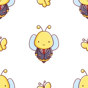 Simple seamless pattern, cute kawaii hand drawn bee doodles Stock Illustration