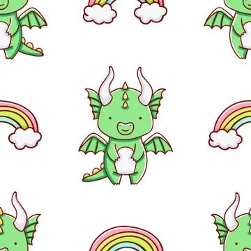 Simple seamless pattern, cute kawaii hand drawn dragon doodles Stock Illustration