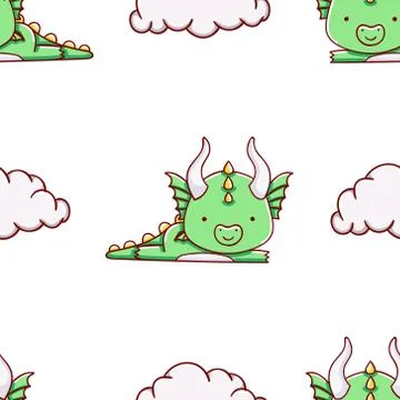 Simple seamless pattern, cute kawaii hand drawn dragon doodles Stock Illustration