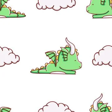 Simple seamless pattern, cute kawaii hand drawn dragon doodles Stock Illustration