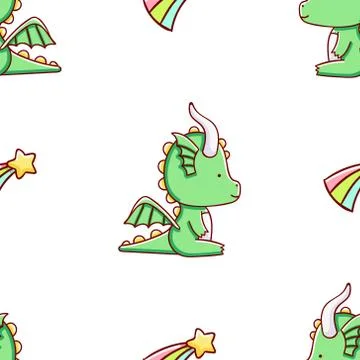 Simple seamless pattern, cute kawaii hand drawn dragon doodles Stock Illustration