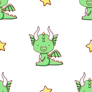 Simple seamless pattern, cute kawaii hand drawn dragon doodles Stock Illustration