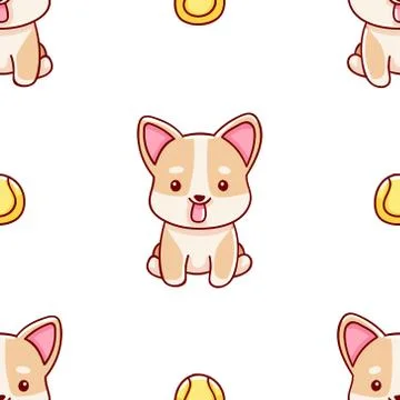 Simple seamless pattern, cute kawaii hand drawn corgi doodles Stock Illustration