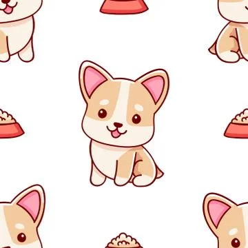 Simple seamless pattern, cute kawaii hand drawn corgi doodles Stock Illustration