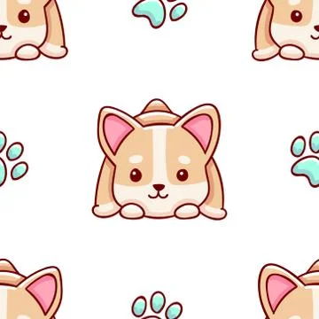 Simple seamless pattern, cute kawaii hand drawn corgi doodles Stock Illustration