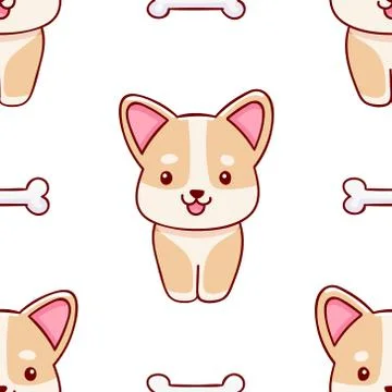 Simple seamless pattern, cute kawaii hand drawn corgi doodles Stock Illustration
