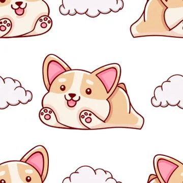 Simple seamless pattern, cute kawaii hand drawn corgi doodles Stock Illustration