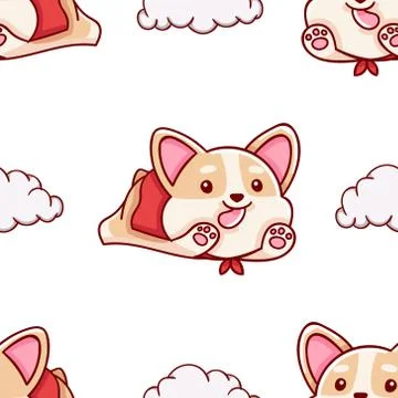 Simple seamless pattern, cute kawaii hand drawn corgi doodles Stock Illustration