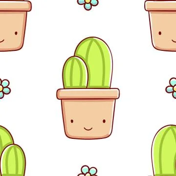 Simple seamless pattern, cute kawaii hand drawn cactus doodles Stock Illustration