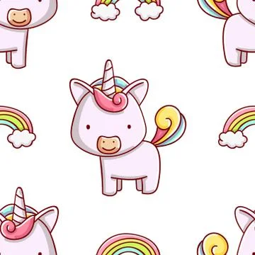 Simple seamless pattern, cute kawaii hand drawn unicorn doodles Stock Illustration