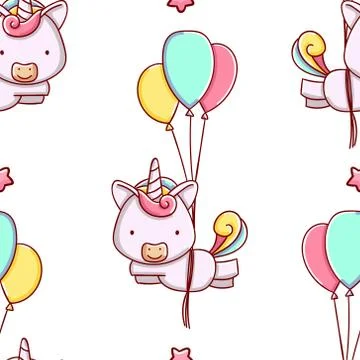 Simple seamless pattern, cute kawaii hand drawn unicorn doodles Illustrazione stock