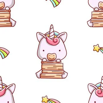 Simple seamless pattern, cute kawaii hand drawn unicorn doodles Stock Illustration