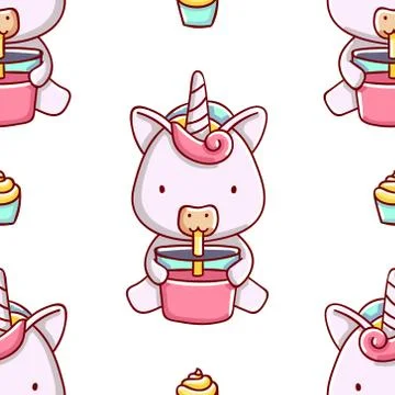 Simple seamless pattern, cute kawaii hand drawn unicorn doodles Stock Illustration
