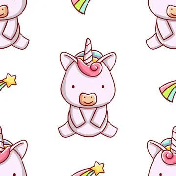 Simple seamless pattern, cute kawaii hand drawn unicorn doodles Stock Illustration