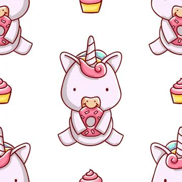 Simple seamless pattern, cute kawaii hand drawn unicorn doodles Stock Illustration