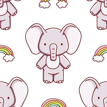 Simple seamless pattern, cute kawaii hand drawn elephant doodles Stock Illustration