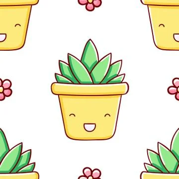Simple seamless pattern, cute kawaii hand drawn aloe doodles Stock Illustration