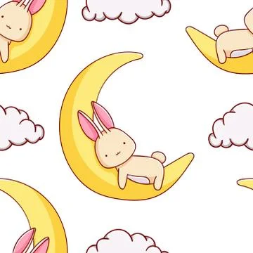 Simple seamless pattern, cute kawaii hand drawn bunny doodles Stock Illustration