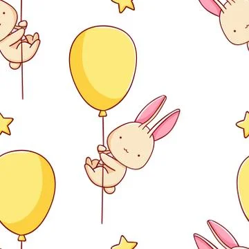 Simple seamless pattern, cute kawaii hand drawn bunny doodles Stock Illustration