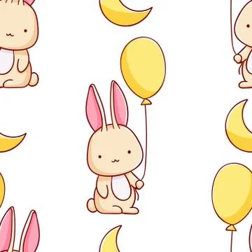 Simple seamless pattern, cute kawaii hand drawn bunny doodles Stock Illustration