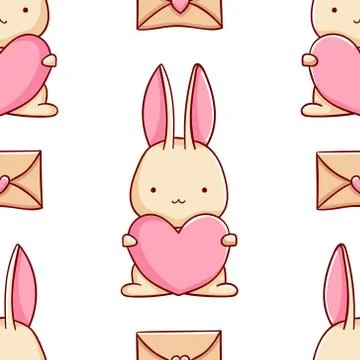 Simple seamless pattern, cute kawaii hand drawn bunny doodles Stock Illustration
