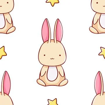Simple seamless pattern, cute kawaii hand drawn bunny doodles Stock Illustration