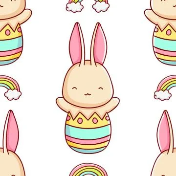 Simple seamless pattern, cute kawaii hand drawn bunny doodles Stock Illustration
