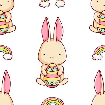 Simple seamless pattern, cute kawaii hand drawn bunny doodles Stock Illustration